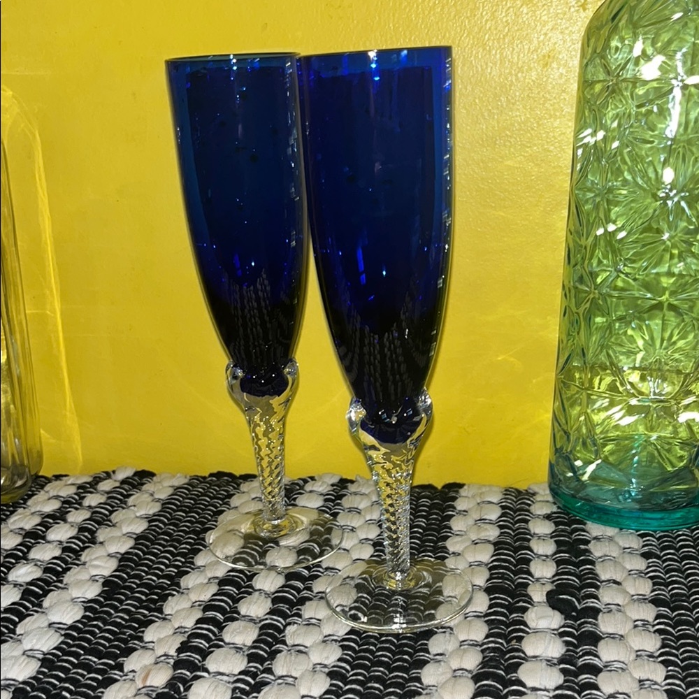 Colony Fluted Pirouette Cobalt Blue Stemmed Champagne Wine Glasses